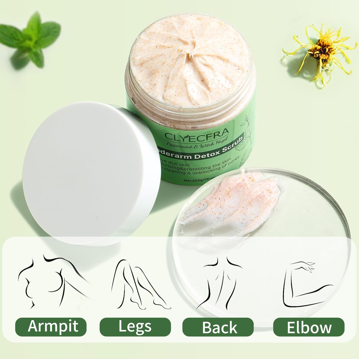 Clyecfra peppermint scrub ingredients, including aloe and witch hazel.