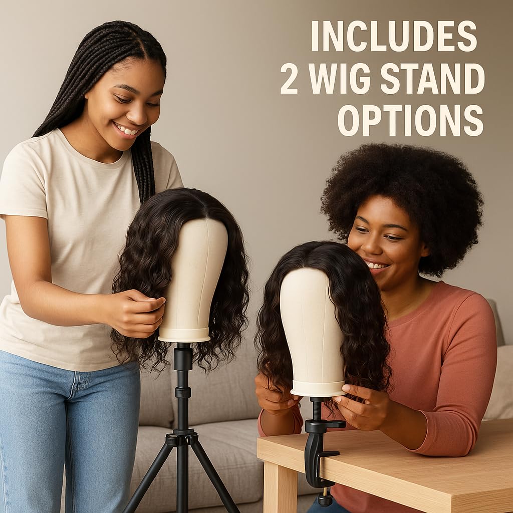 Table clamp wig stand that saves space in small work areas.