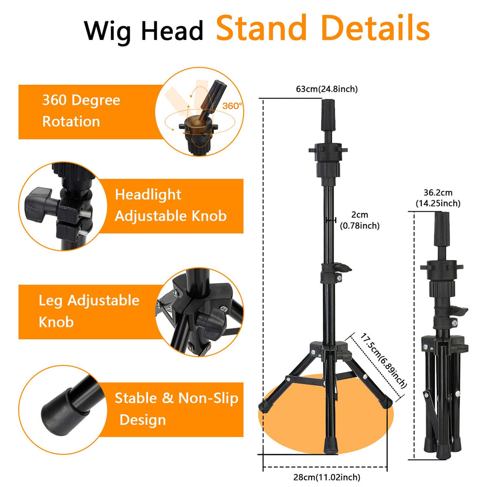 Tripod wig stand providing stable support for on-table or on-floor wig crafting.