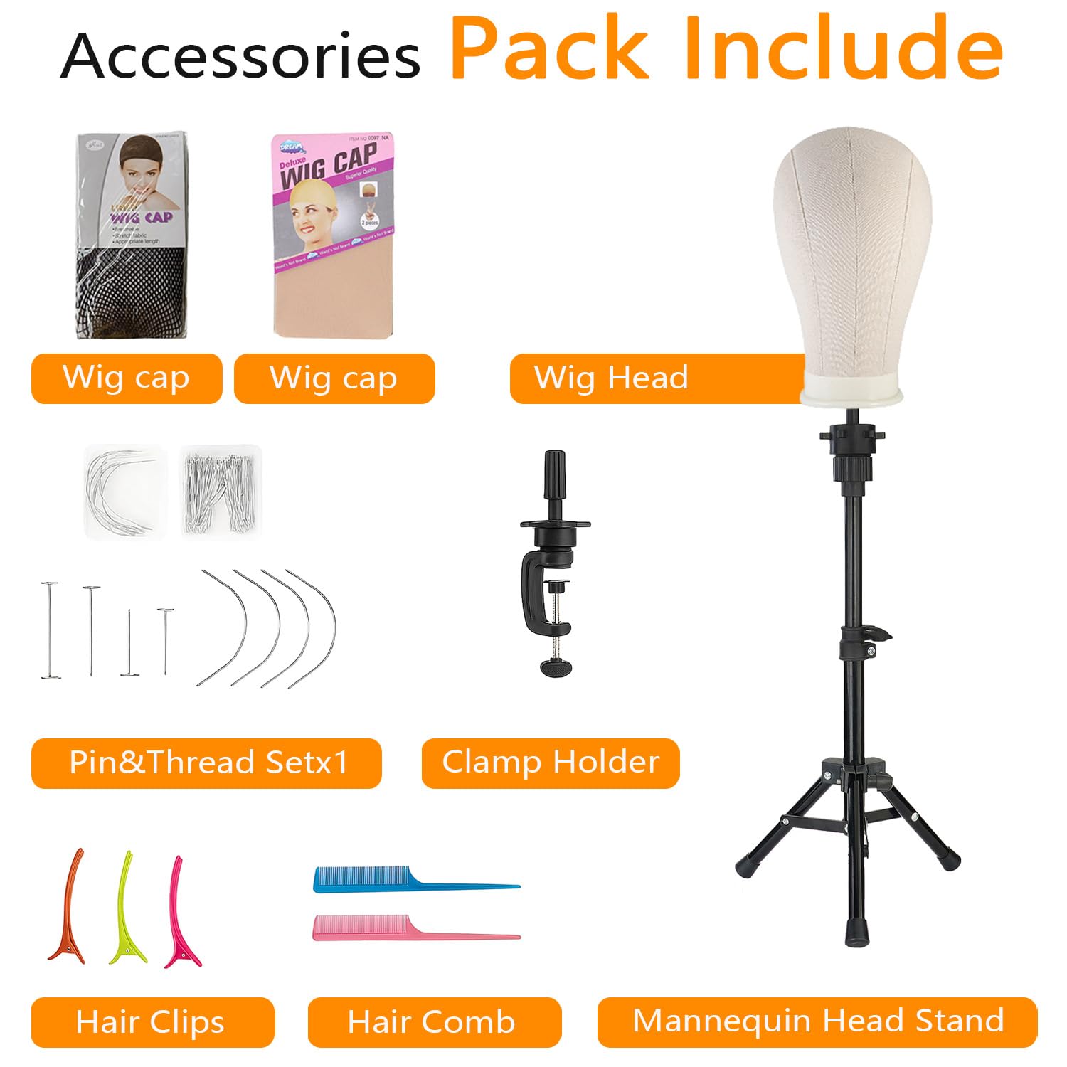Complete wig-making kit with head, stand, and tools for starting projects confidently.