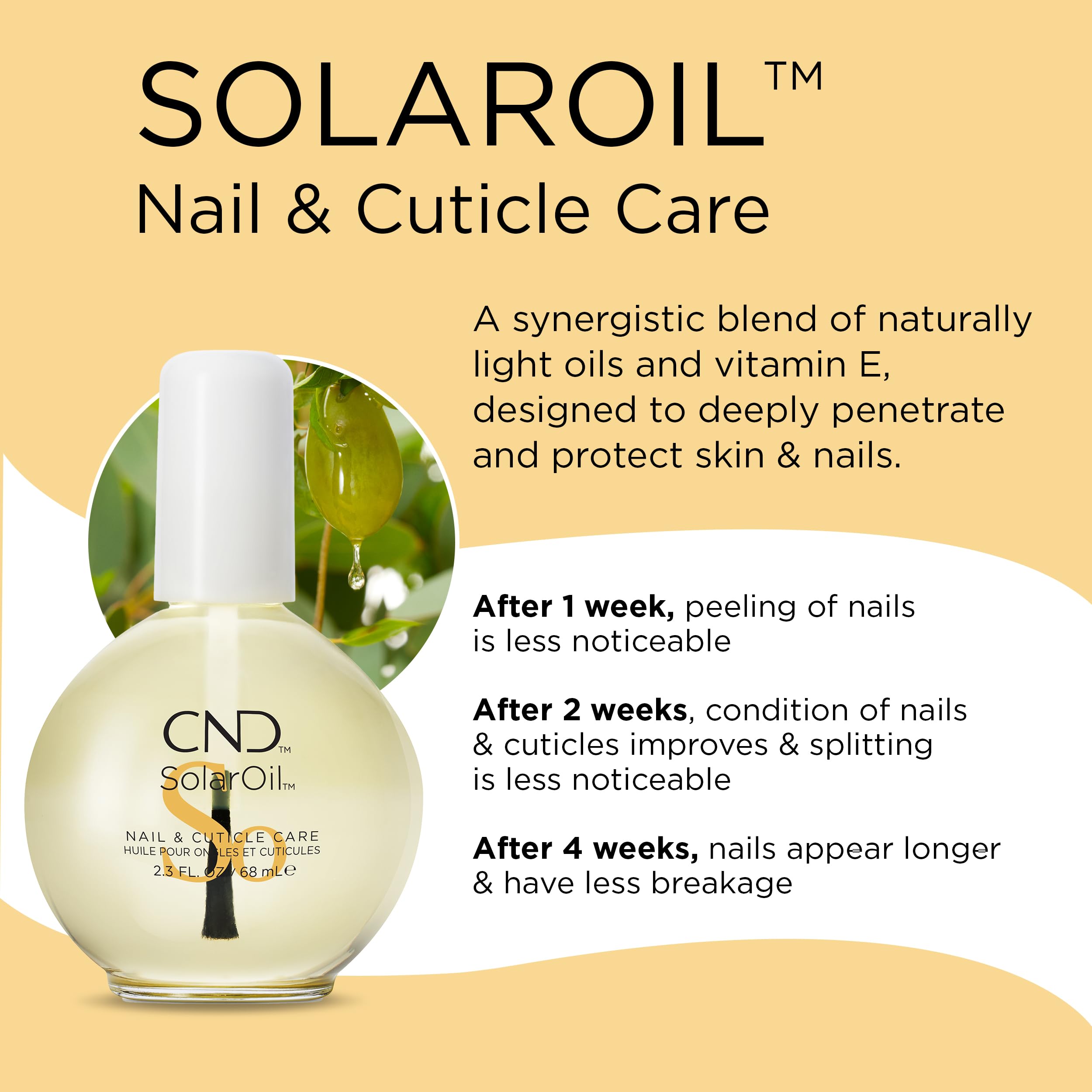 CND SolarOil ingredients highlight jojoba, vitamin E, rice bran, sweet almond oils.
