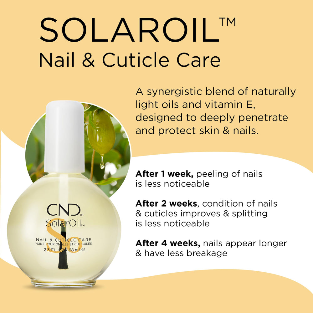 CND SolarOil ingredients highlight jojoba, vitamin E, rice bran, sweet almond oils.