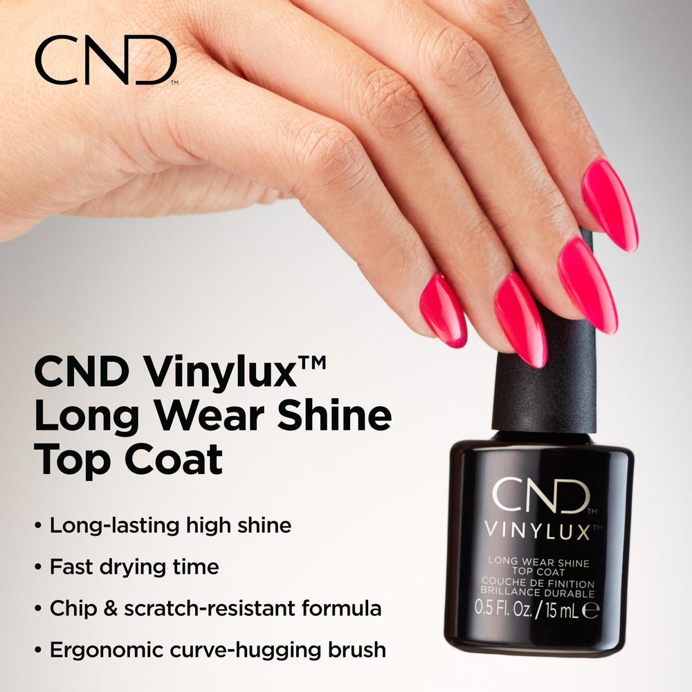 CND Vinylux durabilidad con luz natural para un brillo que perdura.