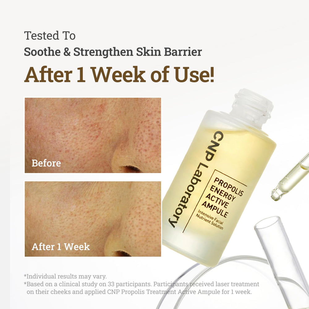 CNP Honey Glow Serum propolis ampoule label signaling soothing nourishment.