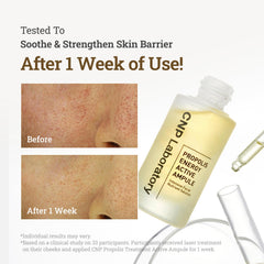 CNP Honey Glow Serum propolis ampoule label signaling soothing nourishment.
