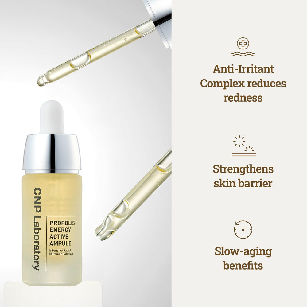 CNP Honey Glow Serum texture swatch shows lightweight, non-sticky finish.