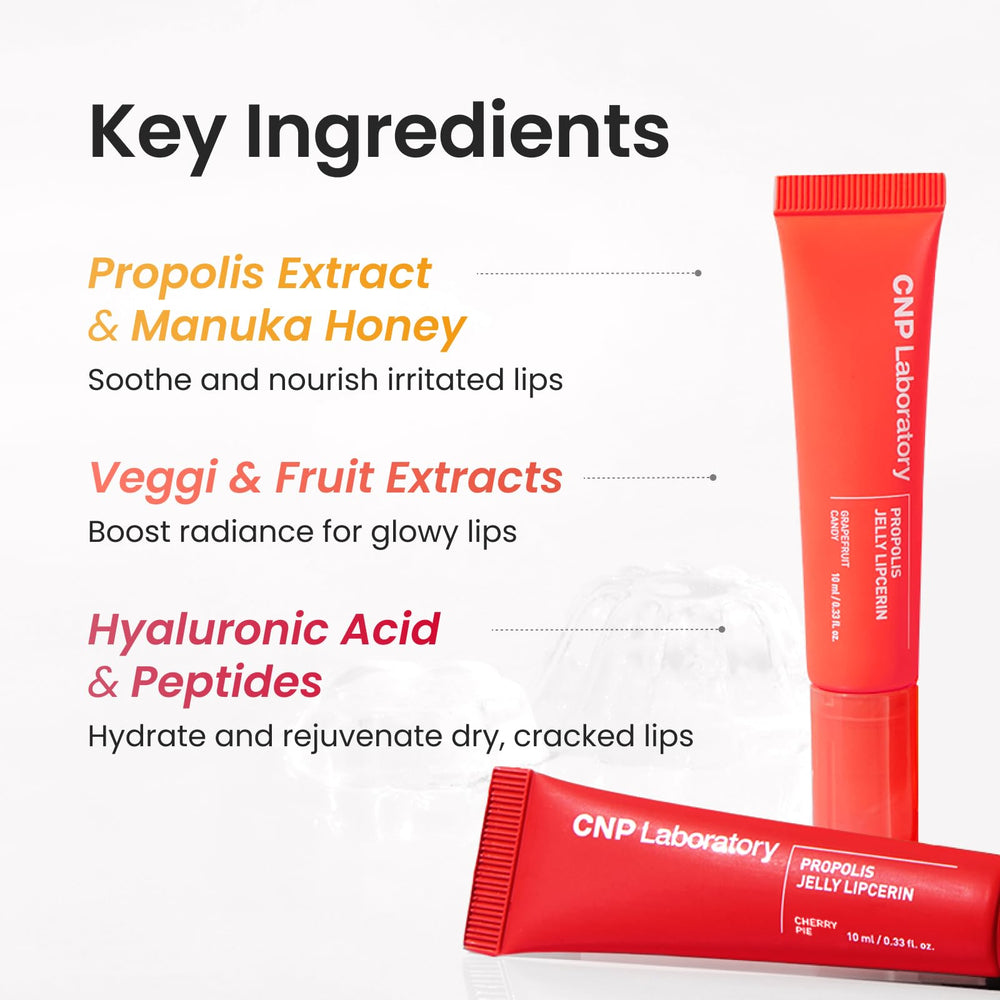 CNP Propolis Jelly Lipcerin 04 Cherry Pie, propóleos miel y ácido hialurónico para cuidado nutritivo.