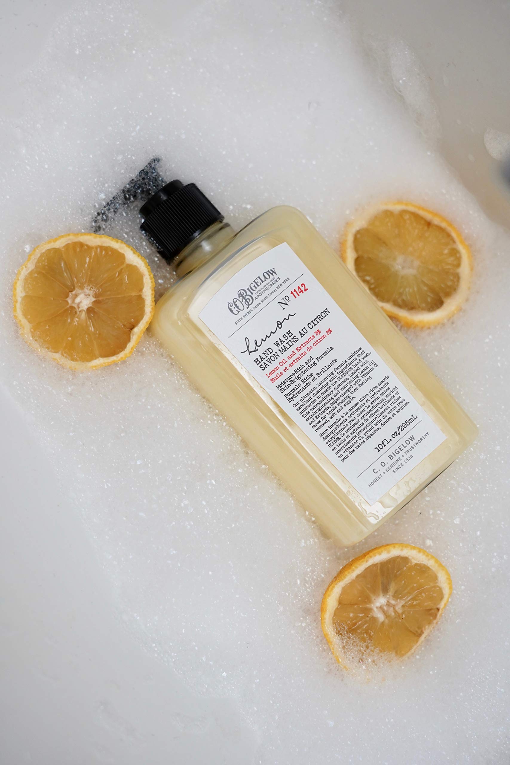 C.O. Bigelow Lemon Hand Wash foam lather in sink demonstrates residue-free rinse.