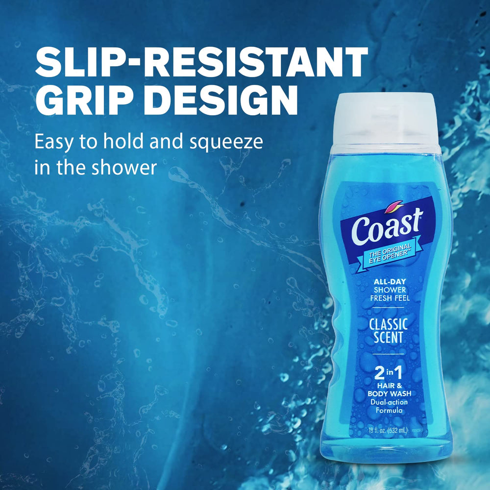 Coast 2-in-1 Hair and Body Wash slip-resistant bottle in the shower