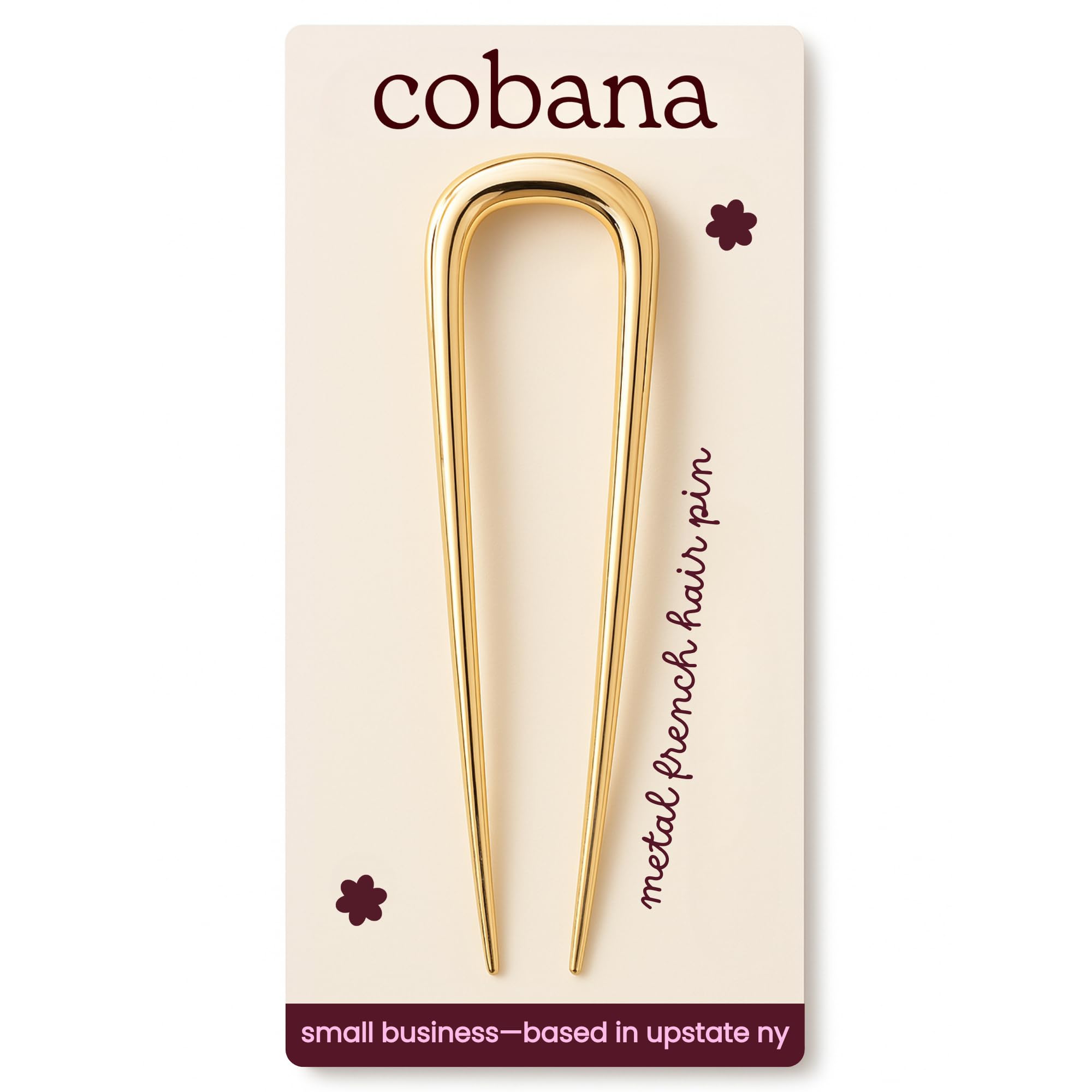 Cobana gold French Hair Pin securing a neat bun for a polished look.