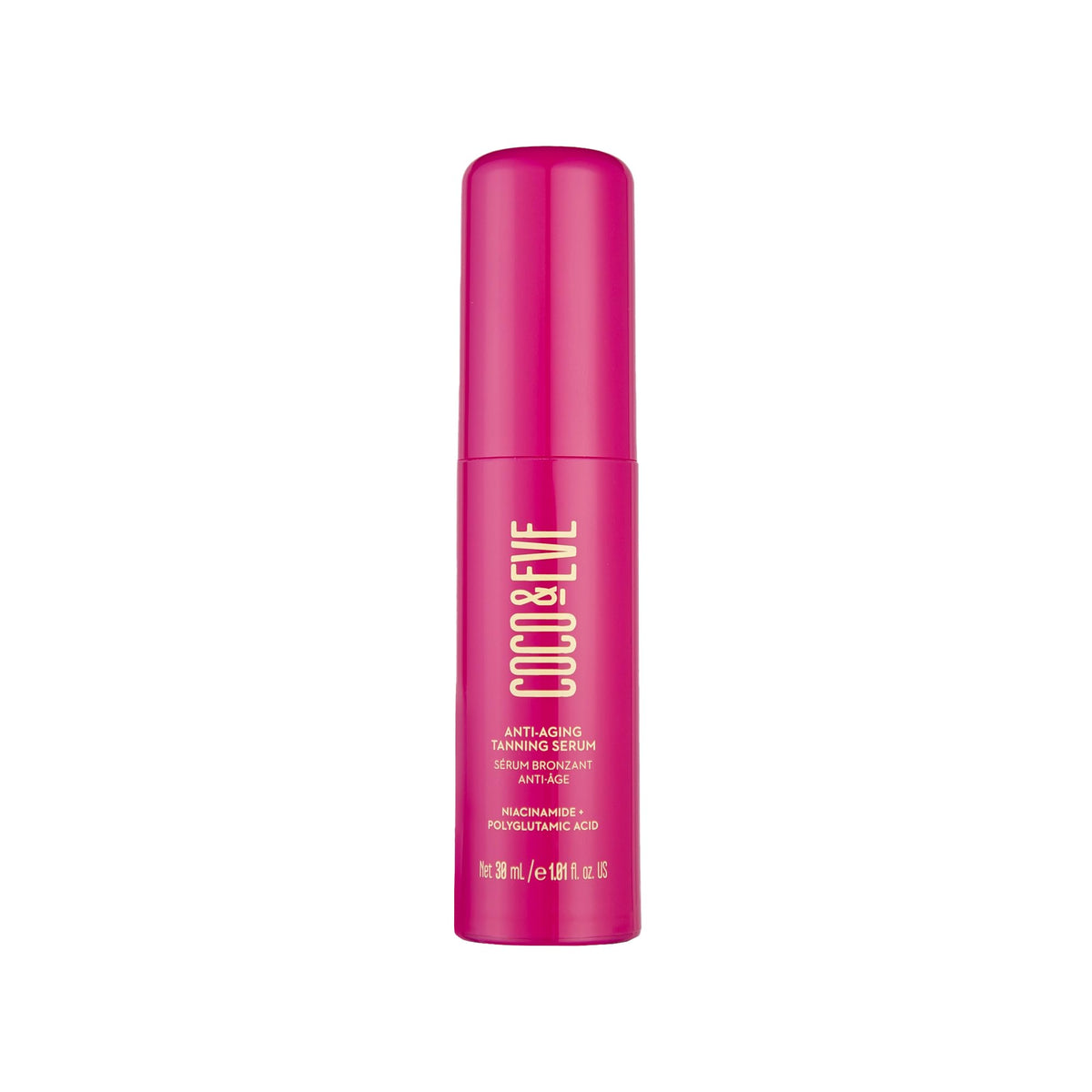 Coco & Eve Anti-Aging Tanning Serum bottle shows hydrating bronze glow.