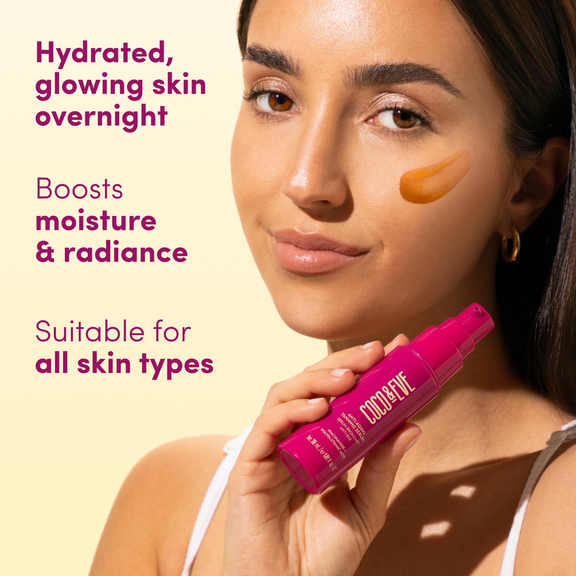 Coco & Eve Anti-Aging Tanning Serum delivers natural-looking glow over 4–6 hours.
