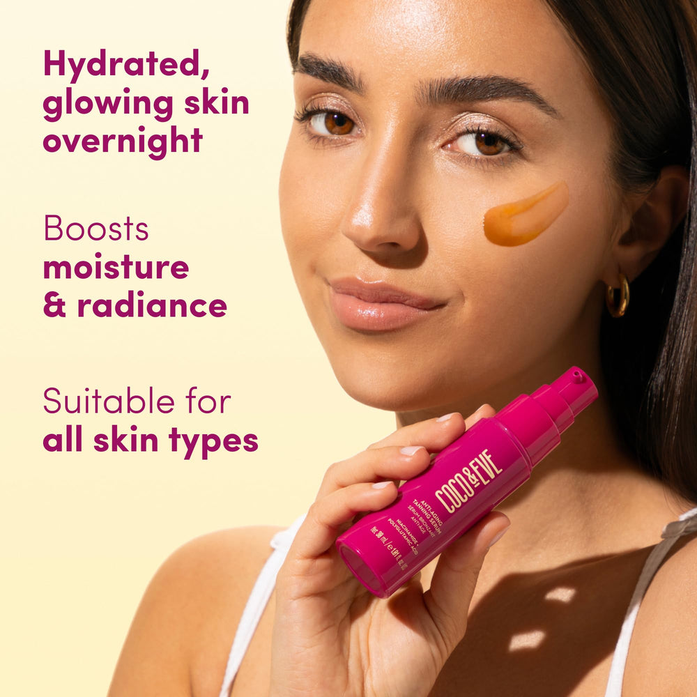Coco & Eve Anti-Aging Tanning Serum delivers natural-looking glow over 4–6 hours.
