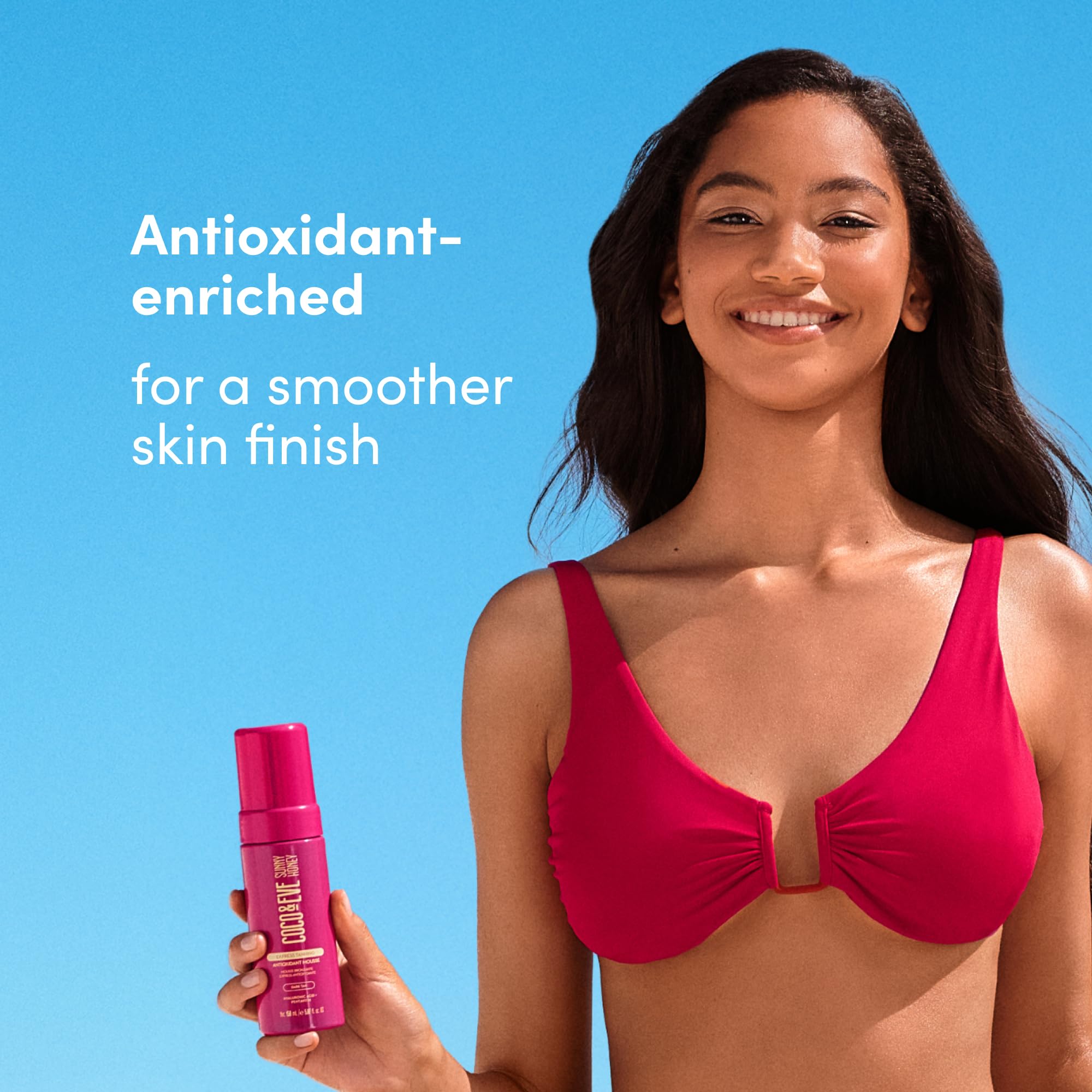 Coco & Eve Express Tanning Mousse infused with coconut extract nourishes skin while tanning.