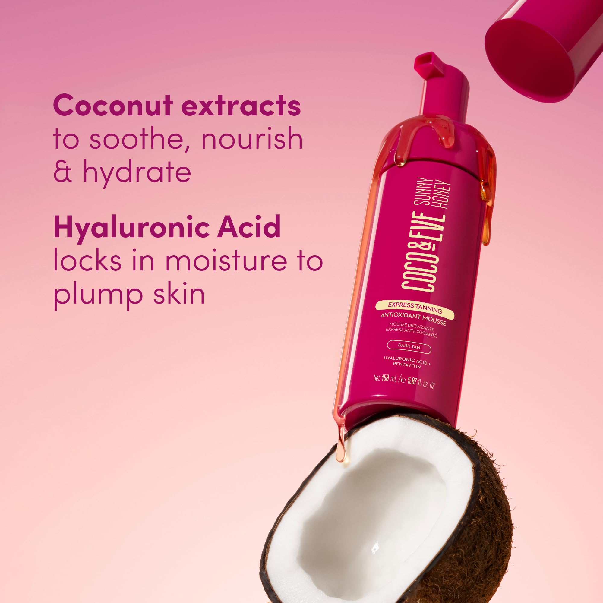 Coco & Eve Express Tanning Mousse color swatches showcase the bronze shade.