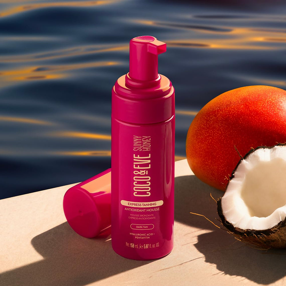 Coco & Eve Express Tanning Mousse bottle close-up highlights premium packaging.