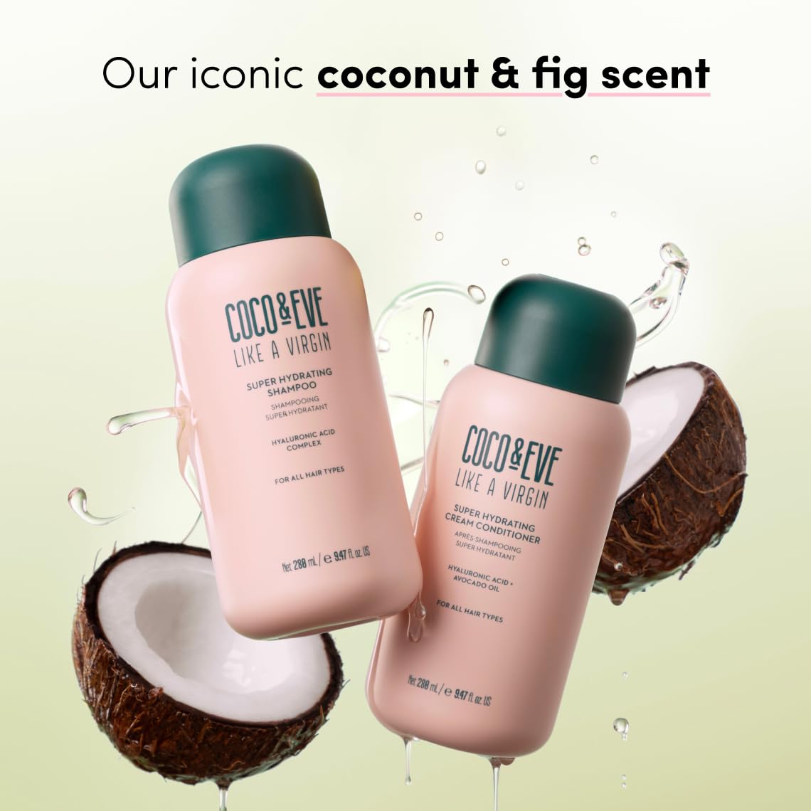 Coco & Eve Like a Virgin shampoo and conditioner set on shelf highlights sulfate-free daily care.