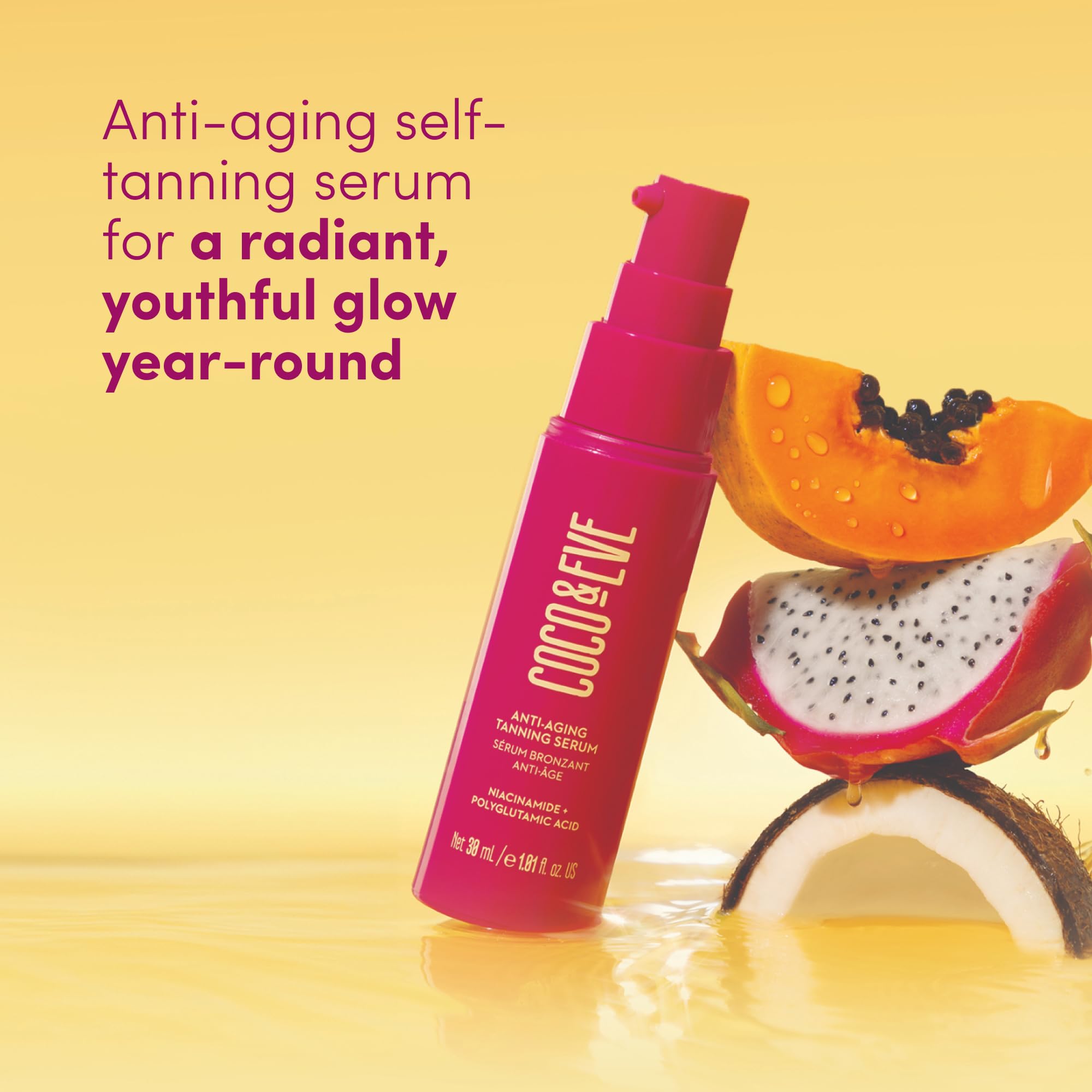 Coco & Eve self-tanner texture closeup reveals smooth, hydrating formula.