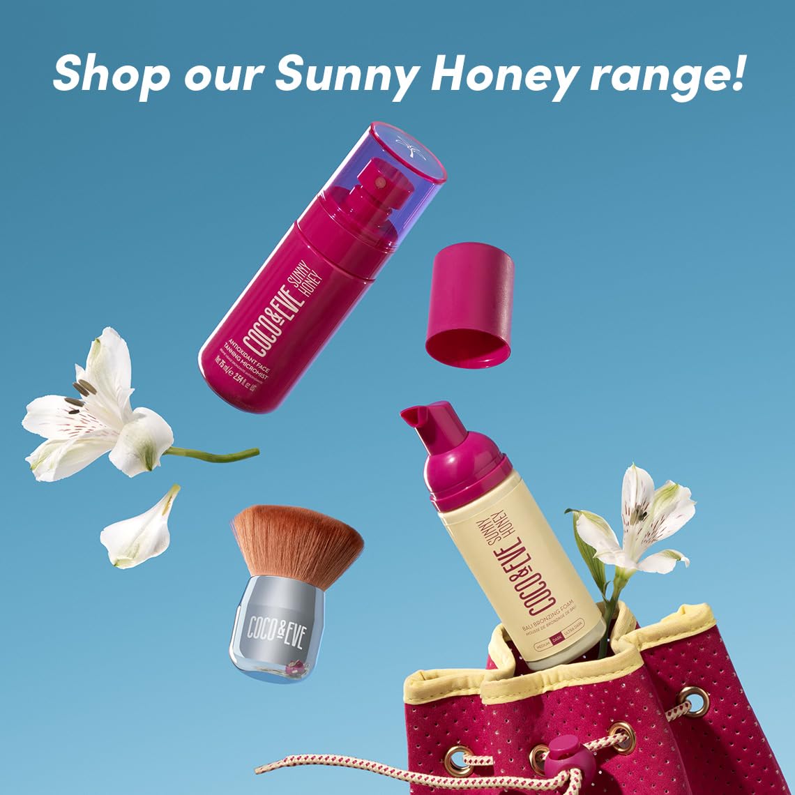 Coco & Eve Sunny Honey Bali bottle on vanity promises long-lasting glow.