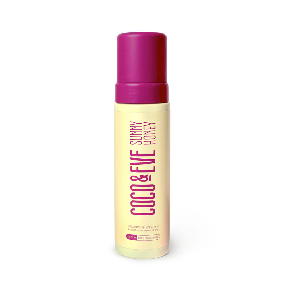 Coco and Eve Sunny Honey Bali self-tanner mousse bottle pump enables easy transfer-free application.