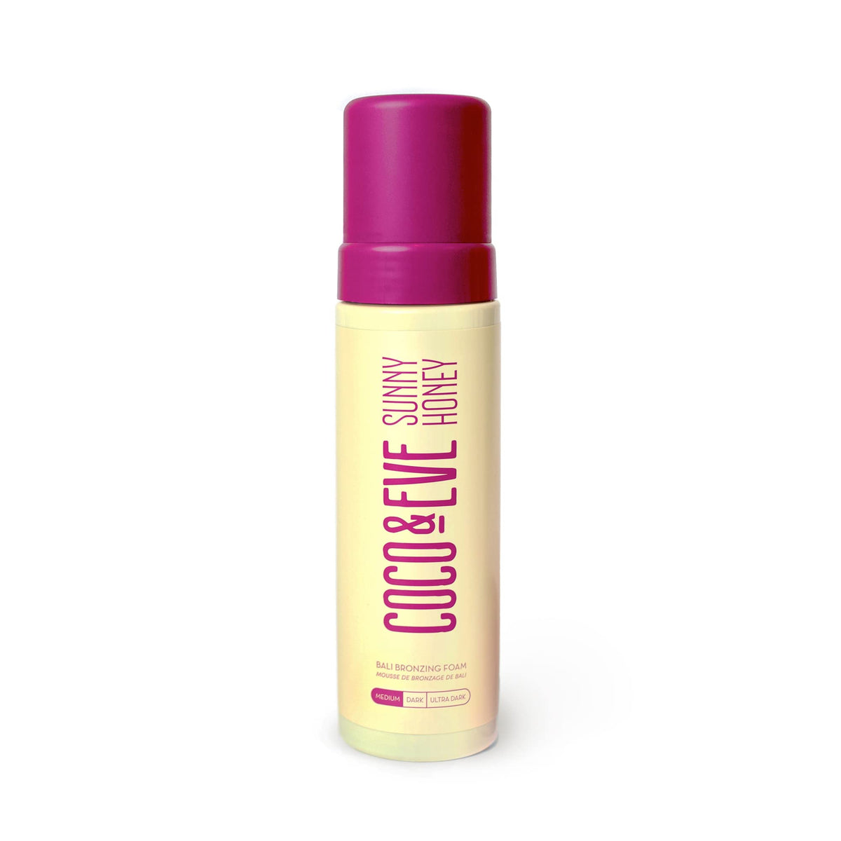 Coco and Eve Sunny Honey Bali self-tanner mousse bottle pump enables easy transfer-free application.