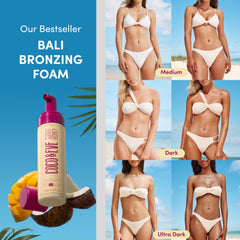 Coco and Eve Sunny Honey Bali self-tanner mousse shows instant bronze glow for quick results.