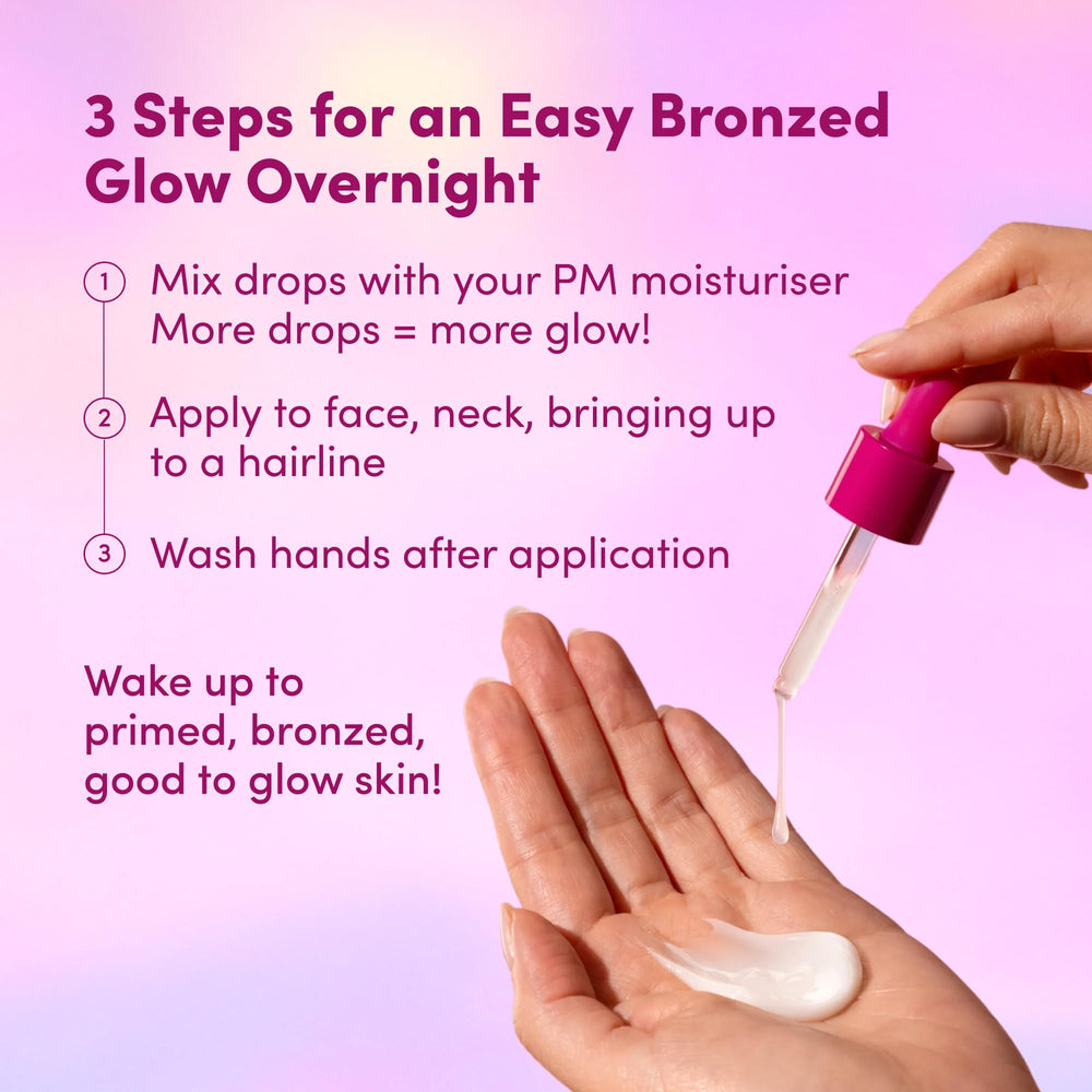 Coco and Eve Sunny Honey bronzing drops on face provide a subtle sun-kissed glow