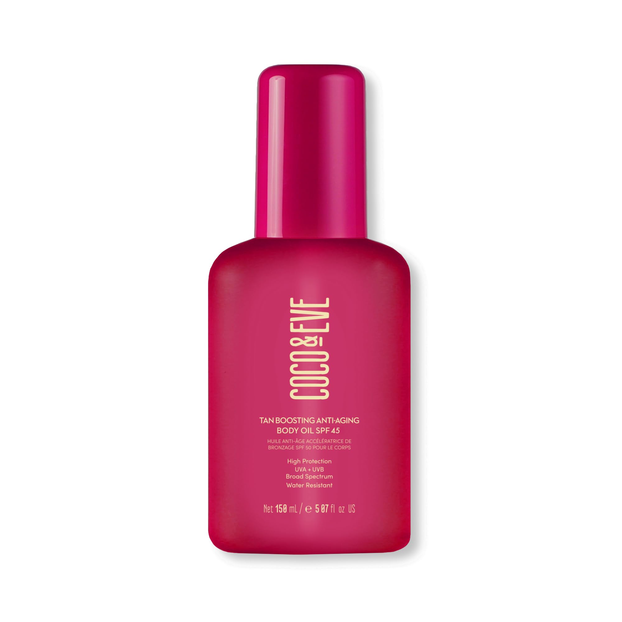 Coco & Eve tan-boosting oil pump bottle for radiant, sun-kissed skin.