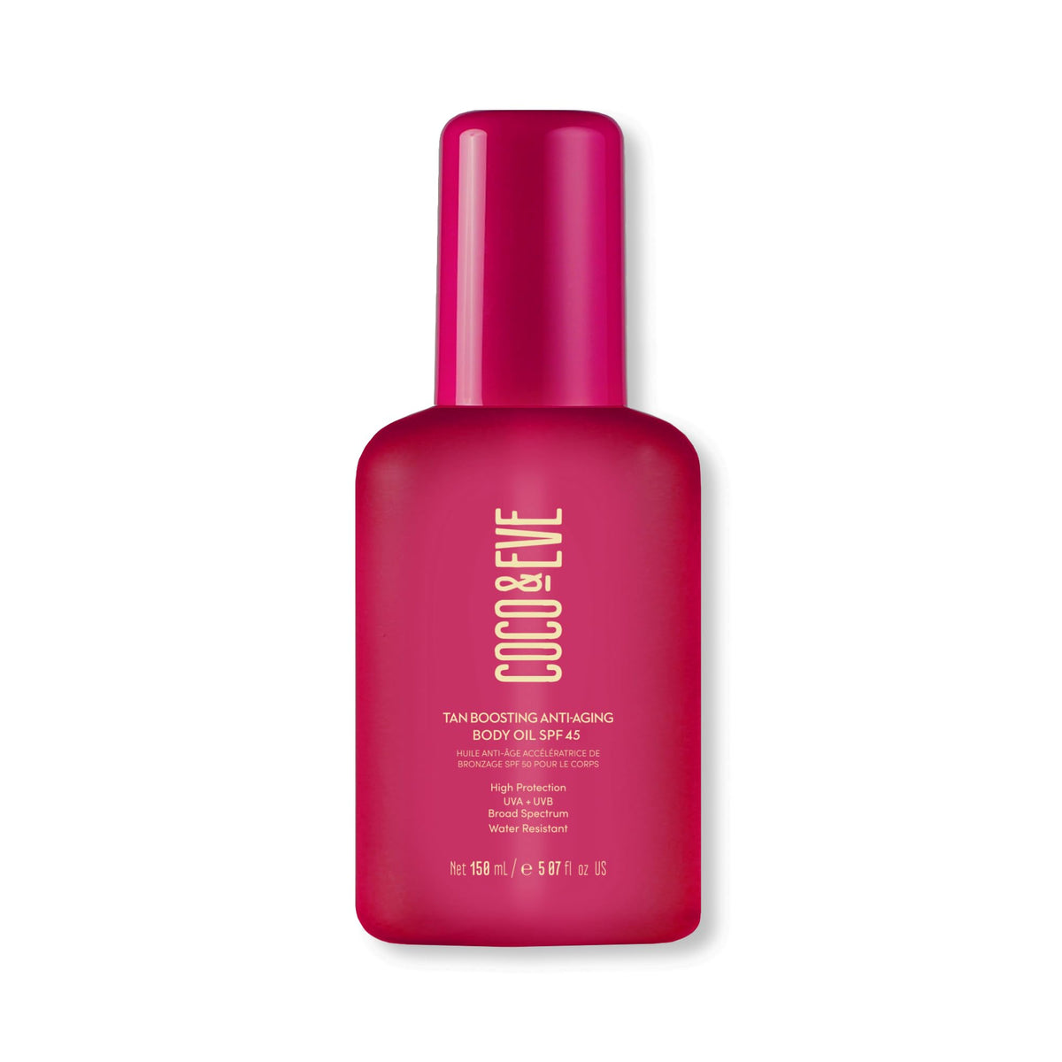 Coco & Eve tan-boosting oil pump bottle for radiant, sun-kissed skin.