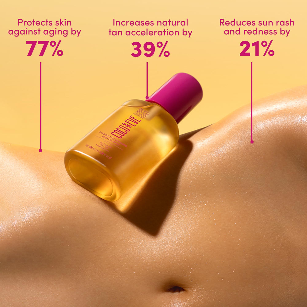 Sun-kissed arm with Coco Eve tan boosting oil delivering bronze glow.