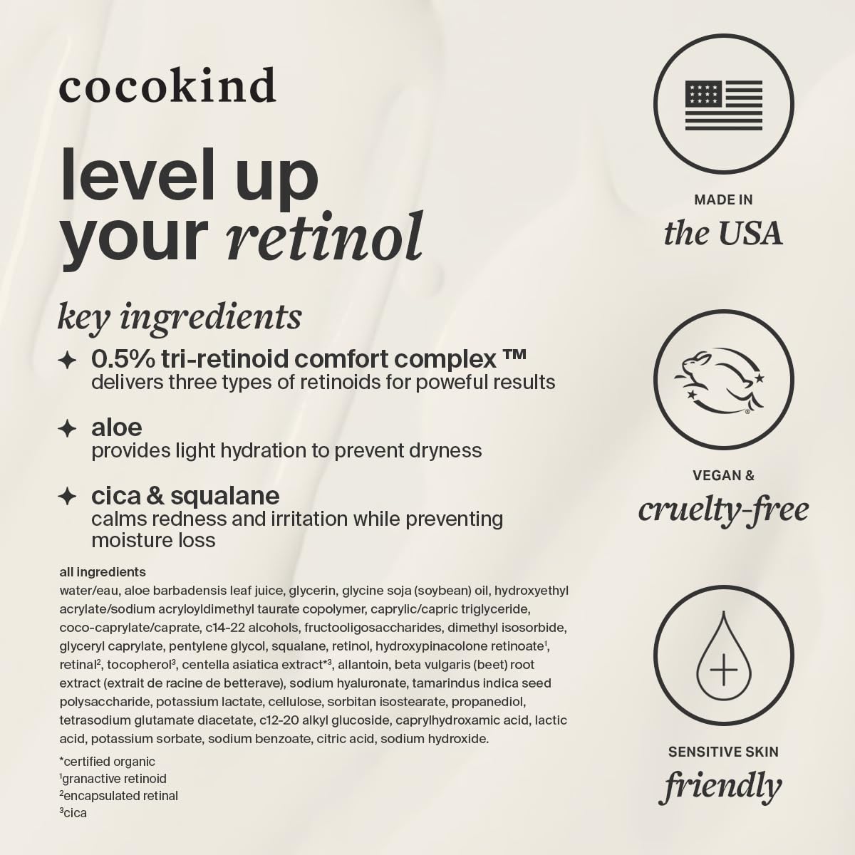 Cocokind Advanced Retinol Gel packaging close-up; highlights fragrance-free, gentle care.
