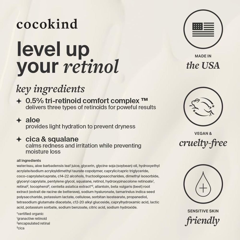 Cocokind Advanced Retinol Gel packaging close-up; highlights fragrance-free, gentle care.