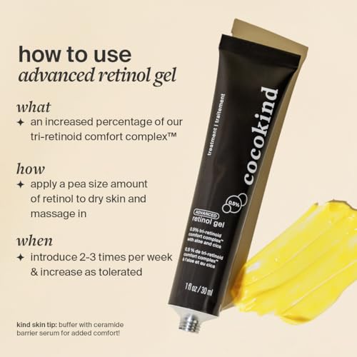 Cocokind Advanced Retinol Gel texture closeup; highlights light, non-irritating feel.