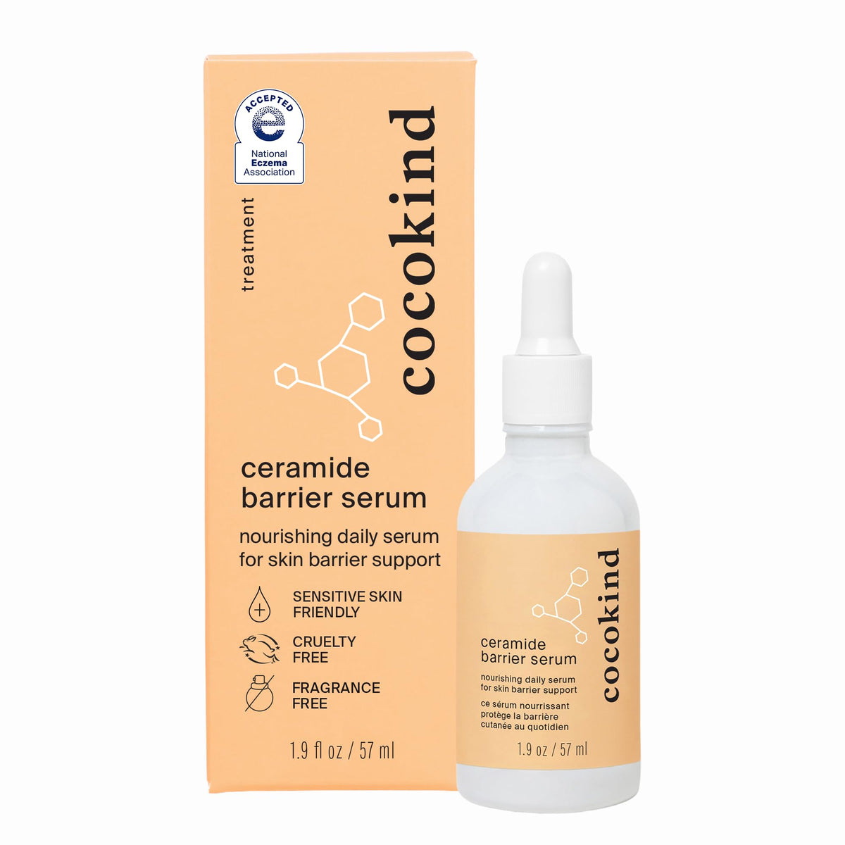 Cocokind Ceramide Barrier Serum bottle showing fragrance-free hydration for all skin types.