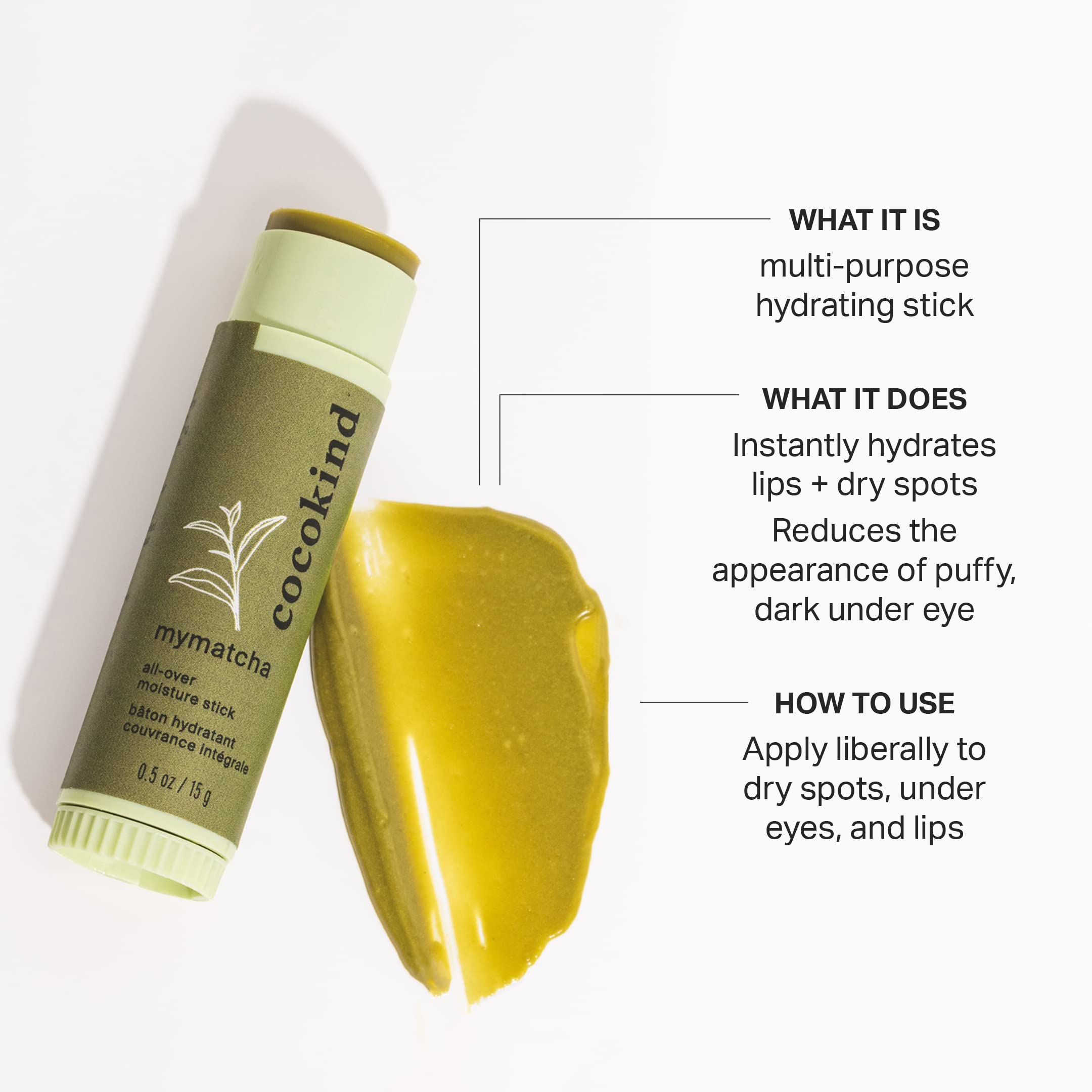 Cocokind Mymatcha All-Over Moisture Stick applied to lips for moisture.