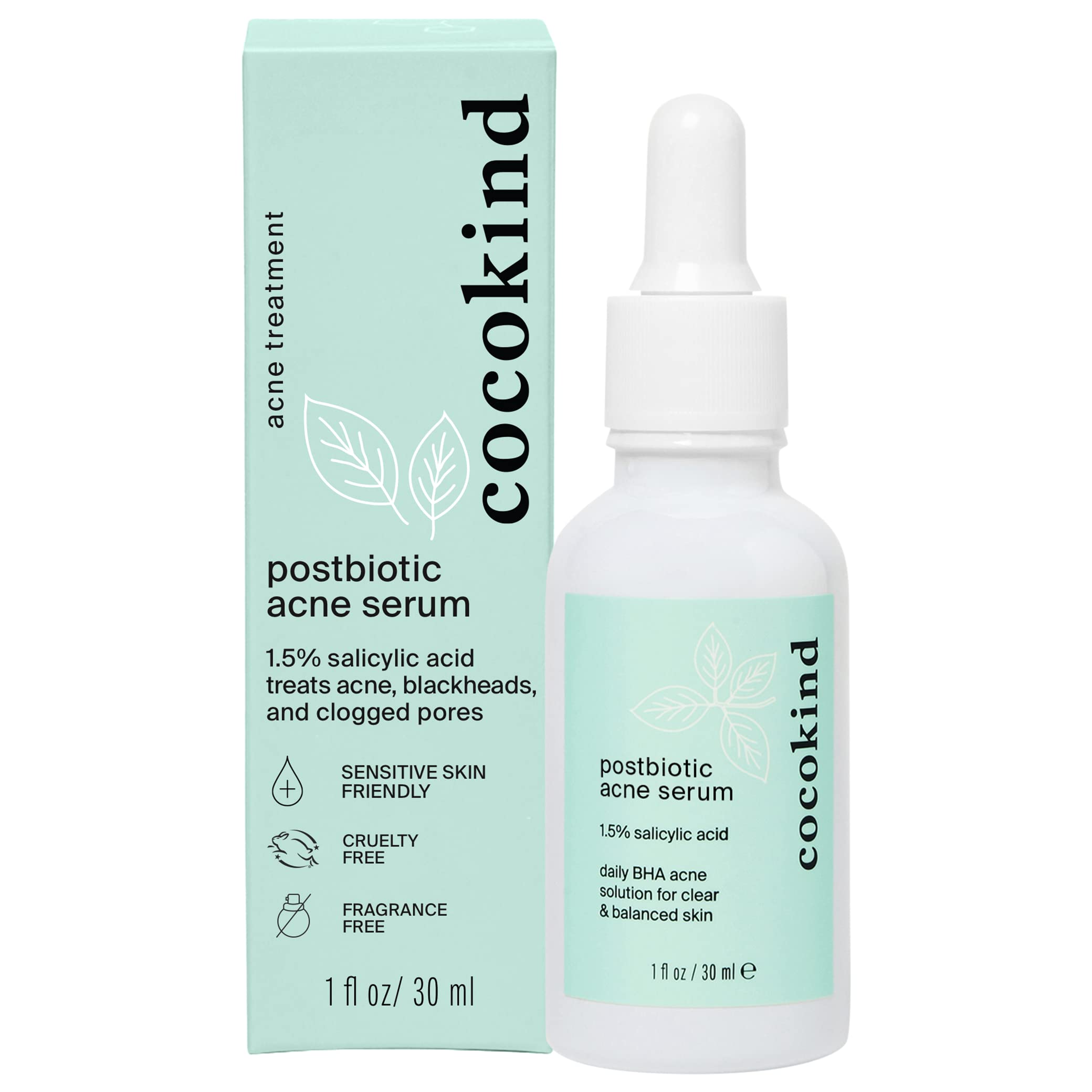 Cocokind Postbiotic Acne Serum visto en botella, ayuda a exfoliar y desobstruir poros.