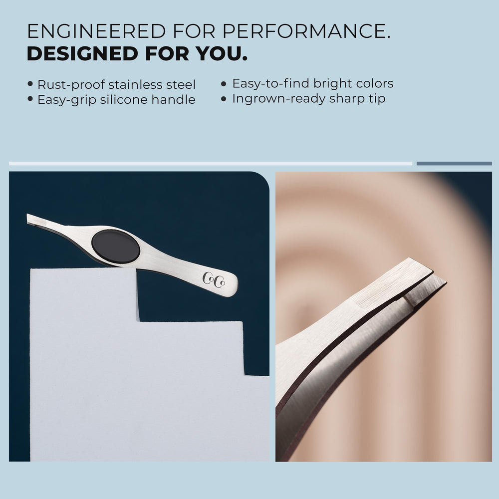 Coco's Closet travel-ready tweezers with protective tip cover for on-the-go care.