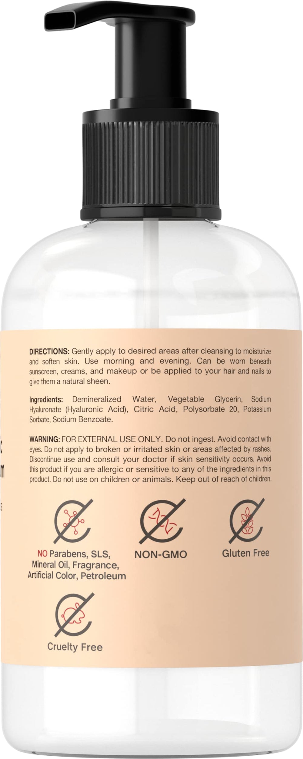 Closeup of Coera Hyaluronic Acid Serum label highlighting clean ingredients.