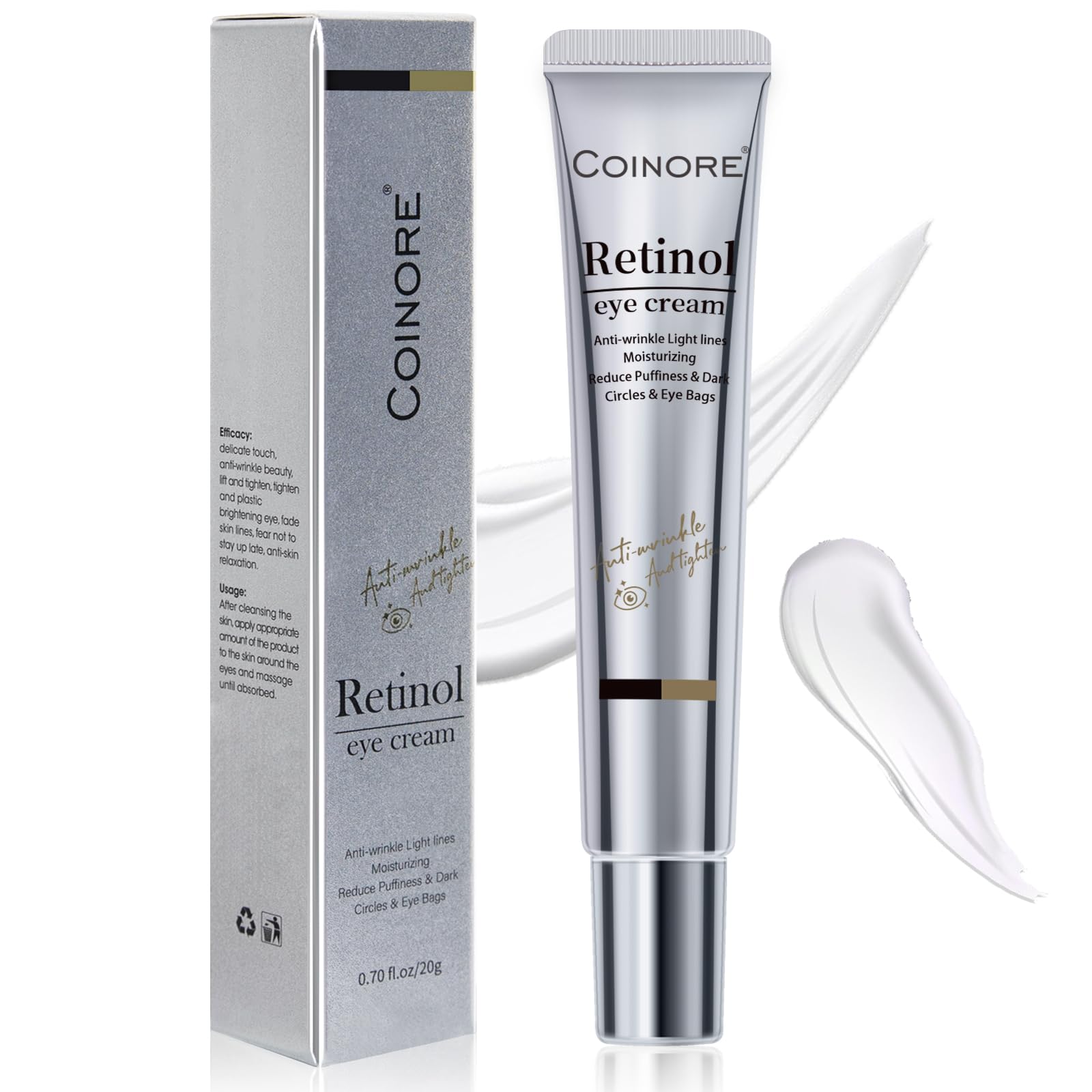 Coinore Retinol Under Eye Cream bottle closeup showing premium eye care formula for delicate skin