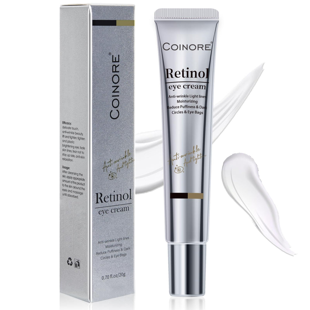Coinore Retinol Under Eye Cream bottle closeup showing premium eye care formula for delicate skin