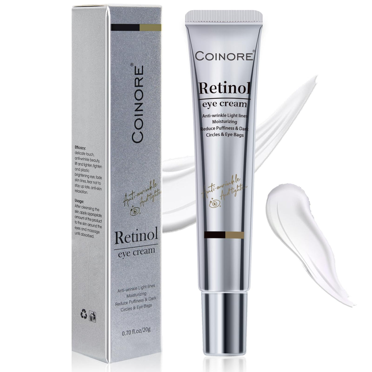 Coinore Retinol Under Eye Cream bottle closeup showing premium eye care formula for delicate skin