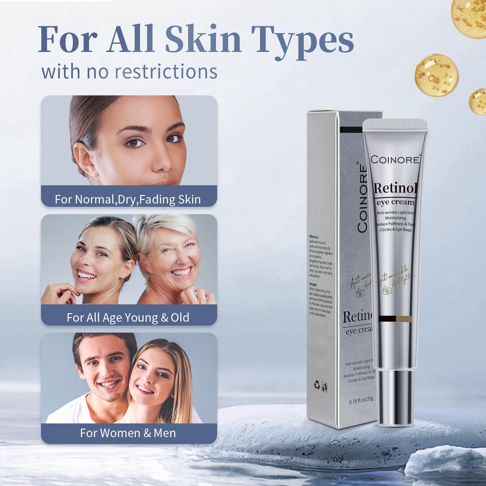Coinore Retinol Under Eye Cream targets dark circles and puffiness for a refreshed look