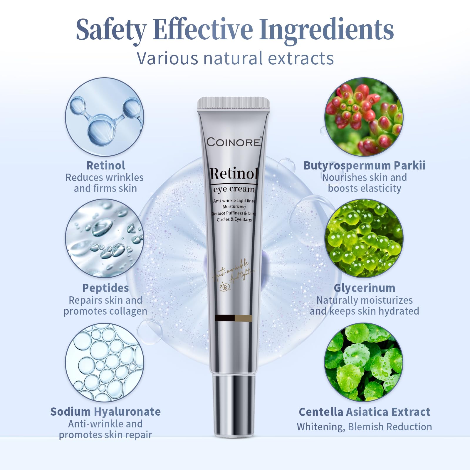 Coinore Retinol Under Eye Cream texture; fast-absorbing, non-greasy finish