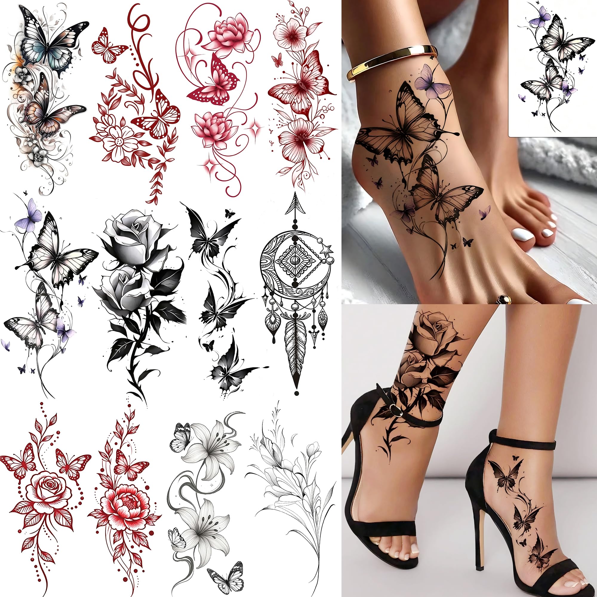 COKTAK butterfly rose flowers tattoo sheet on skin for stylish body art