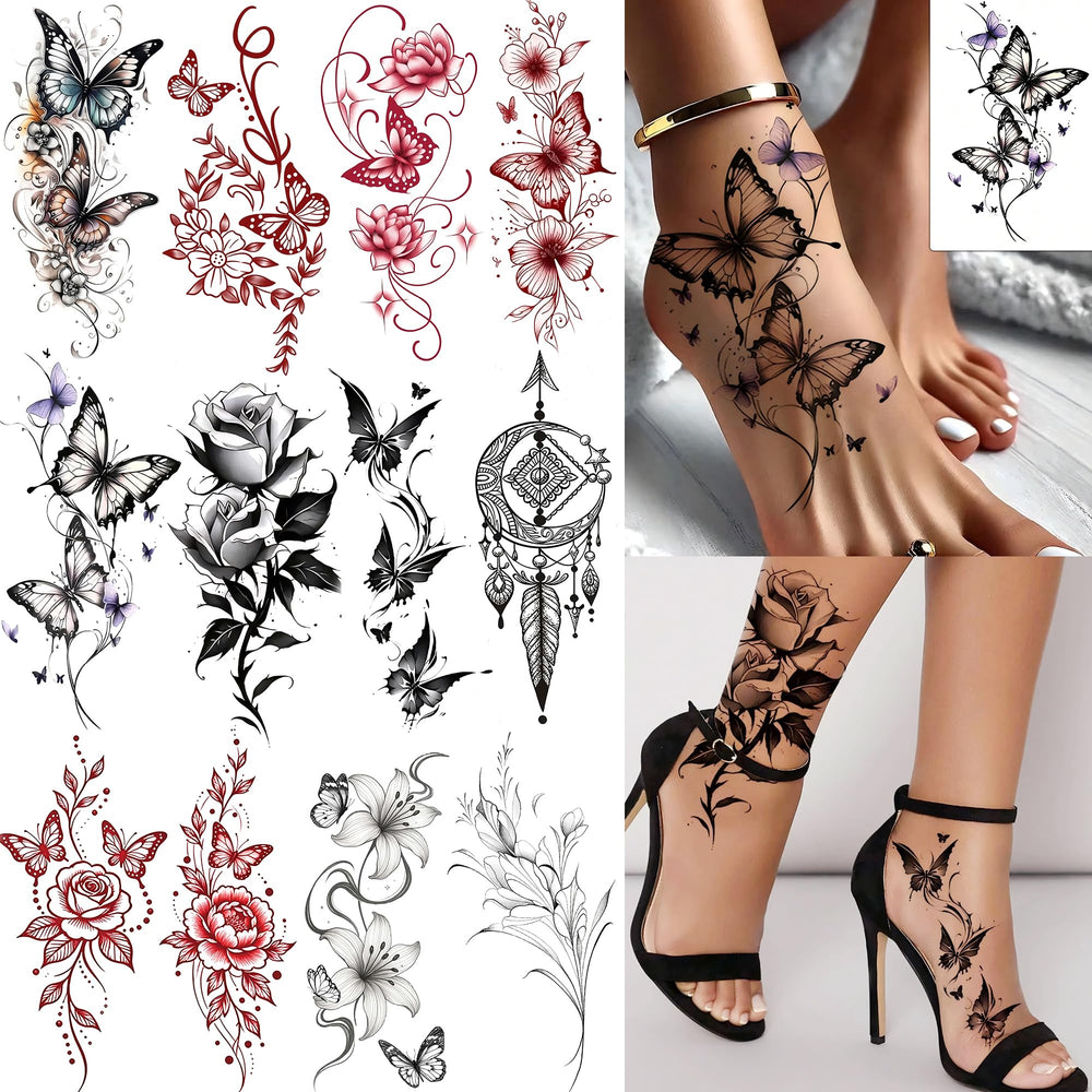 COKTAK butterfly rose flowers tattoo sheet on skin for stylish body art
