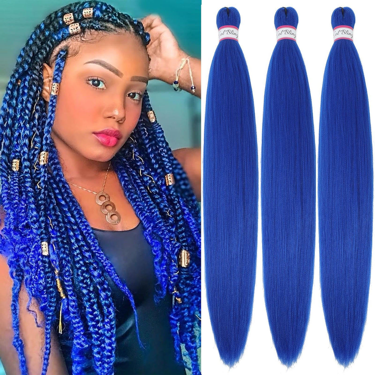 Col Bling Blue Braiding Hair packaging highlights premium quality.