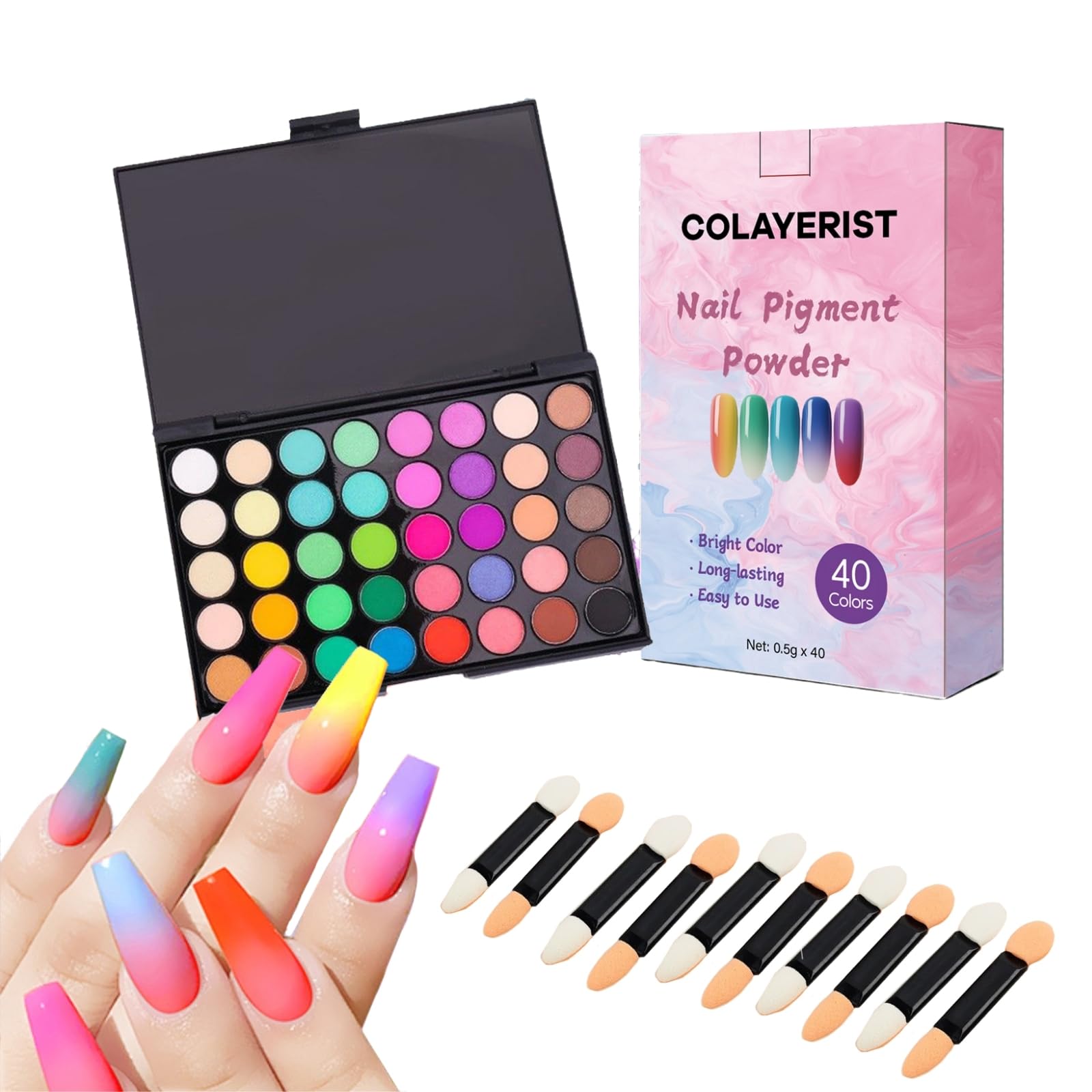 COLAYERIST 40-color nail pigment palette with neon shades for vibrant gradient nails.