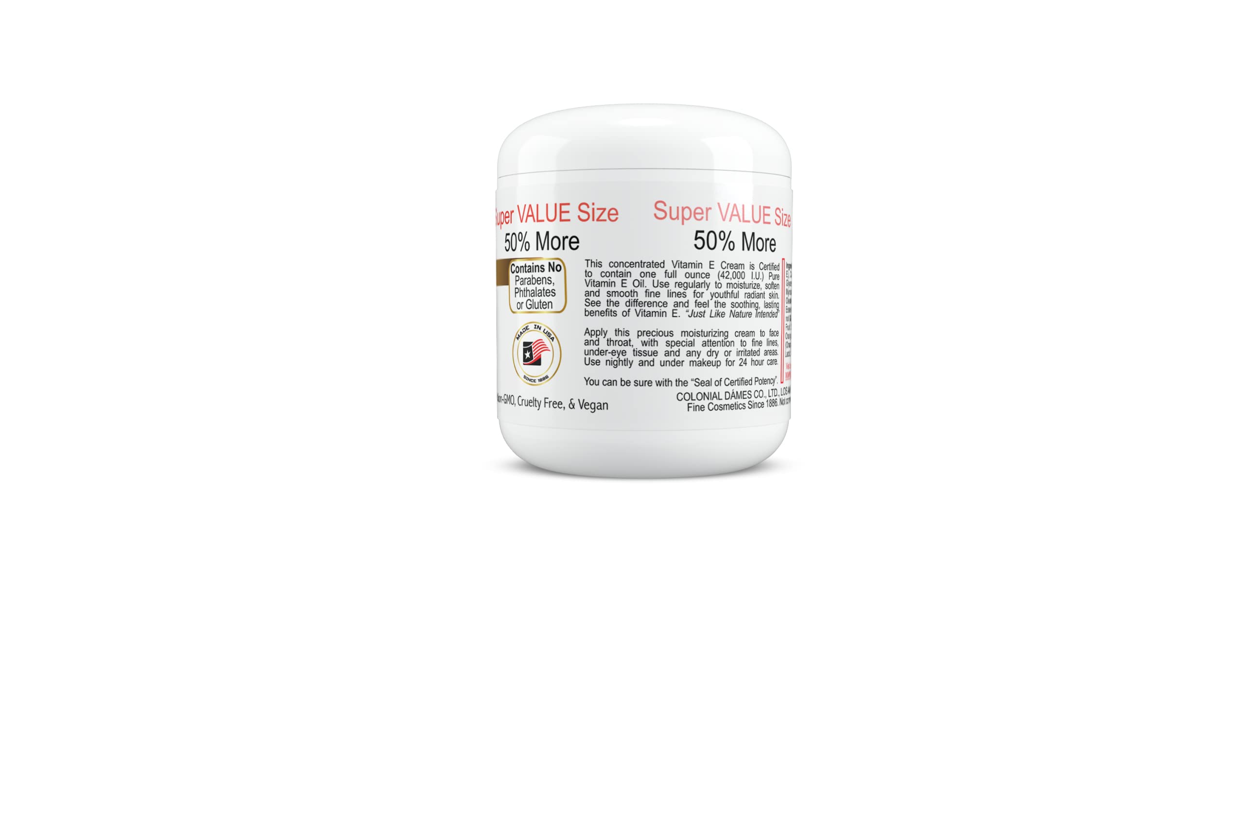 Colonial Dames aplicación de crema vitamina E para rostro y cuello, suaviza áreas secas.