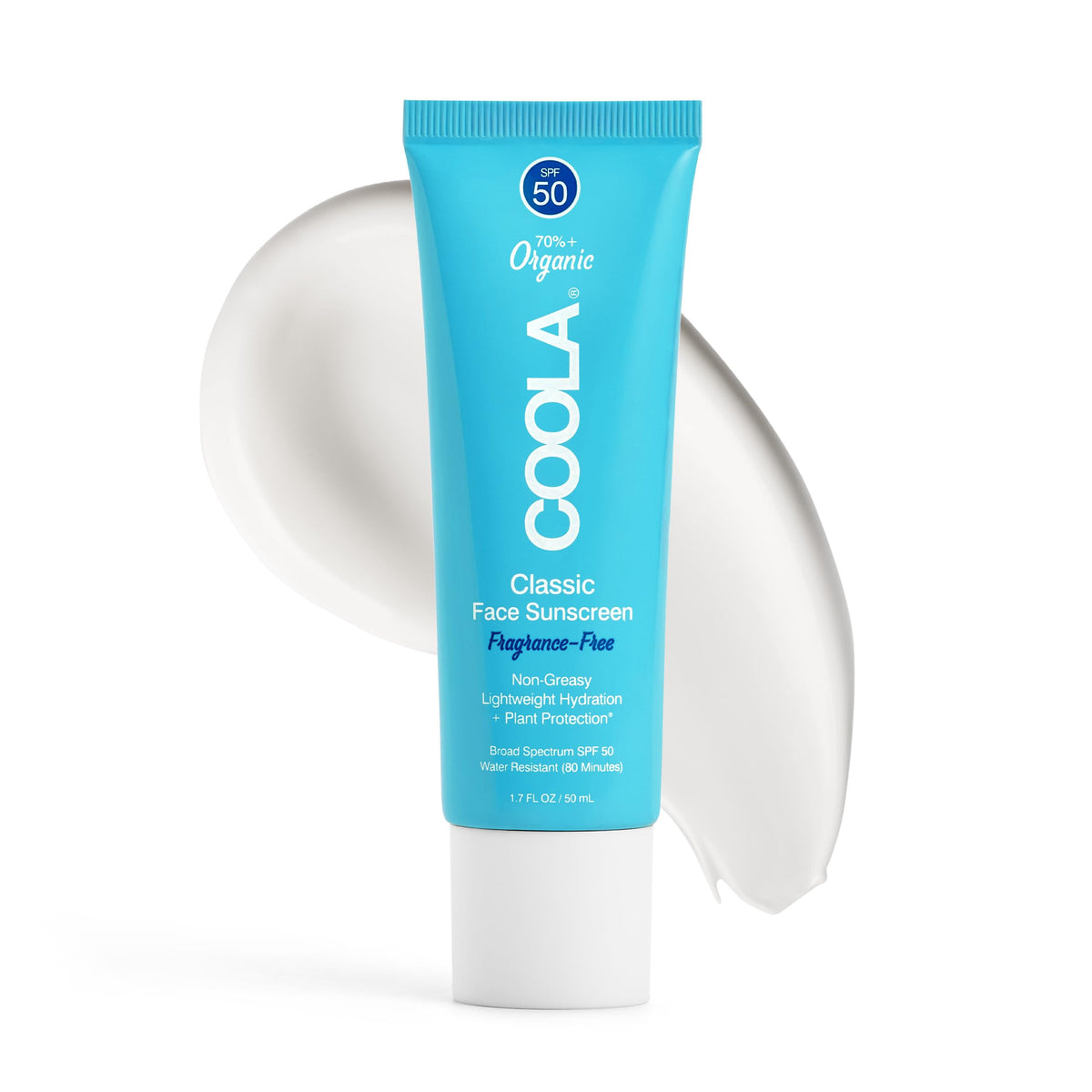 COOLA Organic Face Sunscreen SPF 50 bottle shows lightweight, fragrance-free protection for daily wear