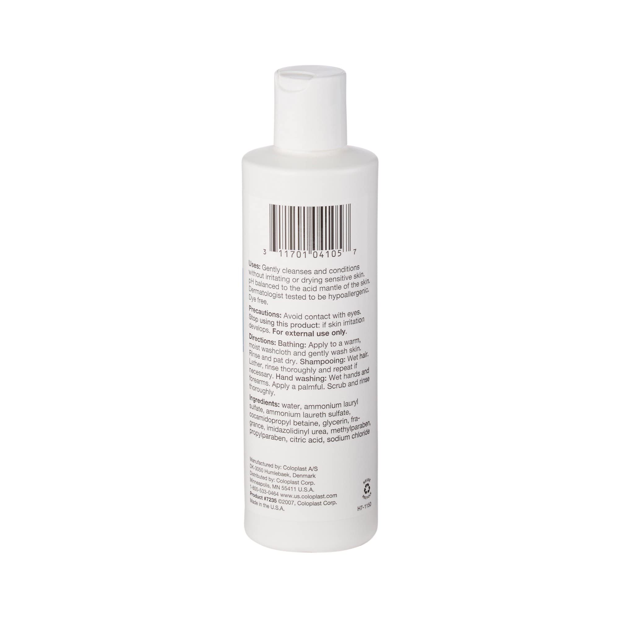 Coloplast Gentle Rain label shows dye-free, pH-balanced cleansing solution.